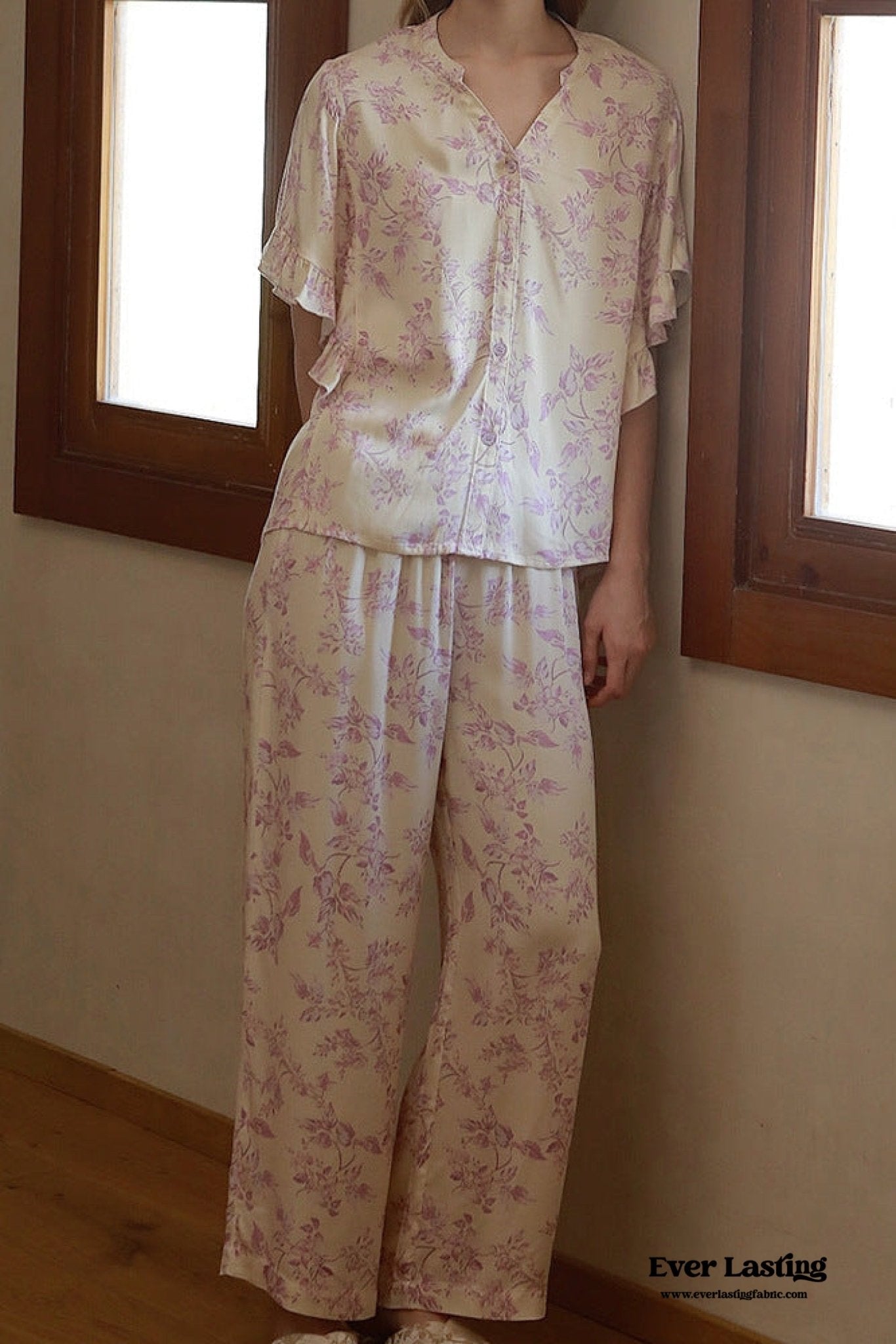 French Crape Myrtle Ruffle Silky Pajama Set - Ever Lasting