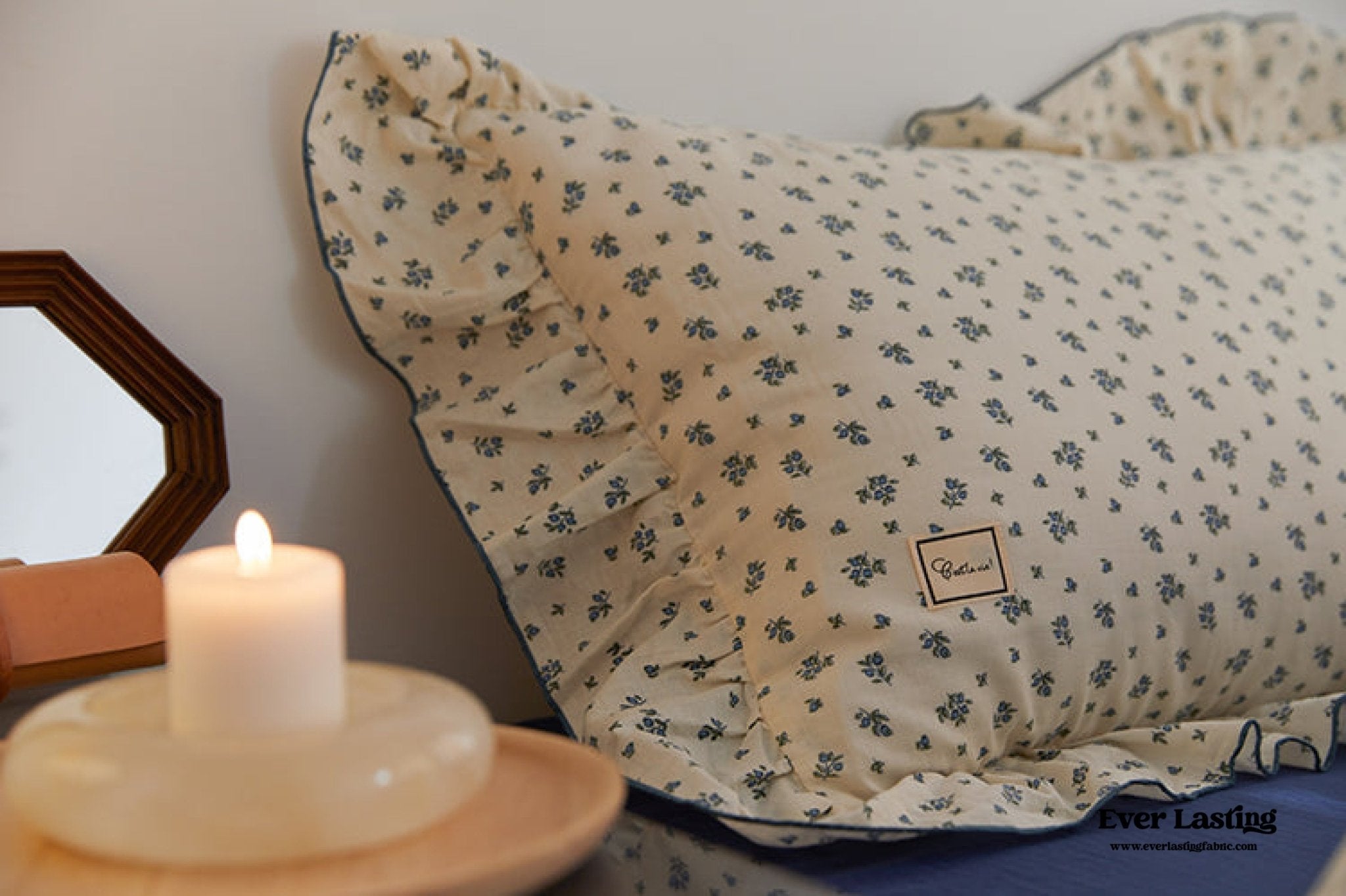 French Floral Earth Tone Double Layer Ruffle Bedding Set / Beige + Blue - Ever Lasting