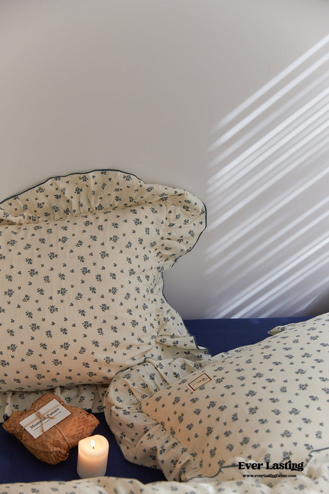 French Floral Earth Tone Double Layer Ruffle Bedding Set / Beige + Blue - Ever Lasting