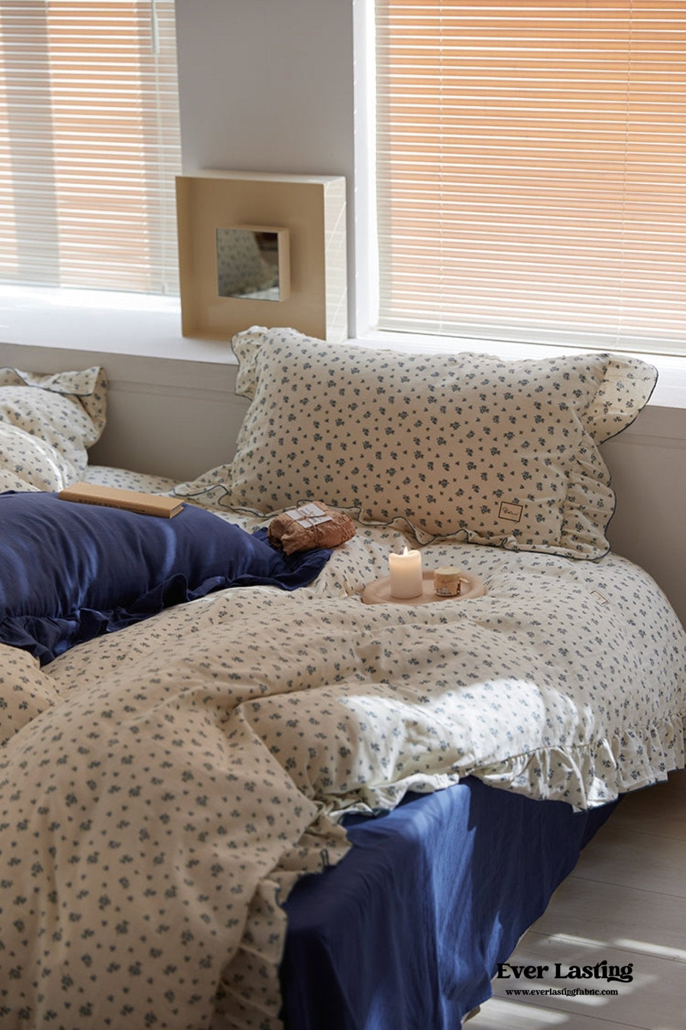 French Floral Earth Tone Double Layer Ruffle Bedding Set / Beige + Blue - Ever Lasting