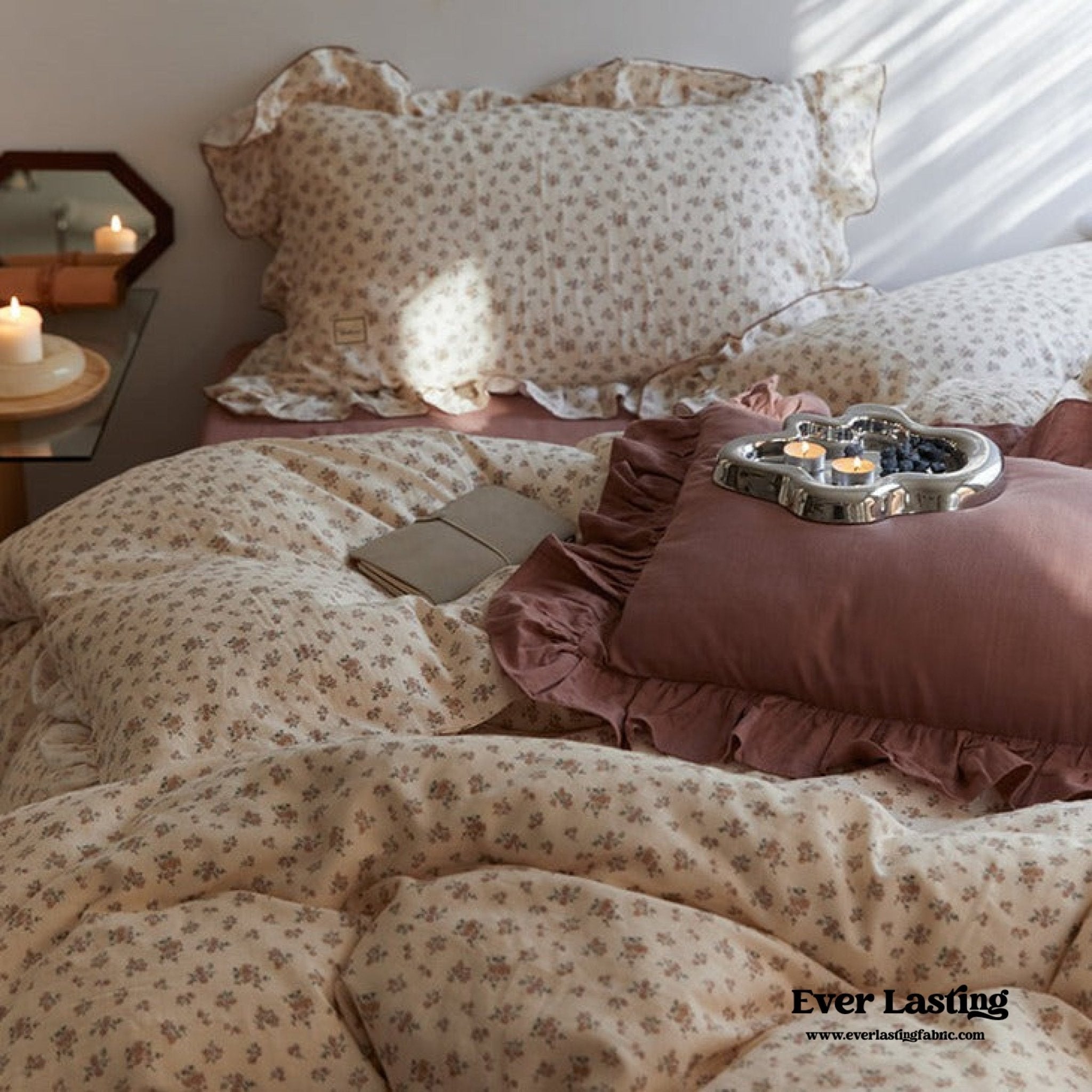 French Floral Earth Tone Double Layer Ruffle Bedding Set / Beige + Brown - Ever Lasting
