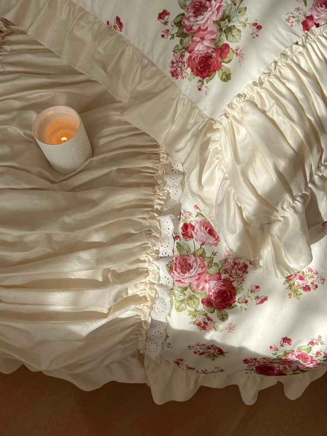 - Ever Lasting - French Rose Floral Ruffle Bedding Set / White - Bedding Set - Ever Lasting