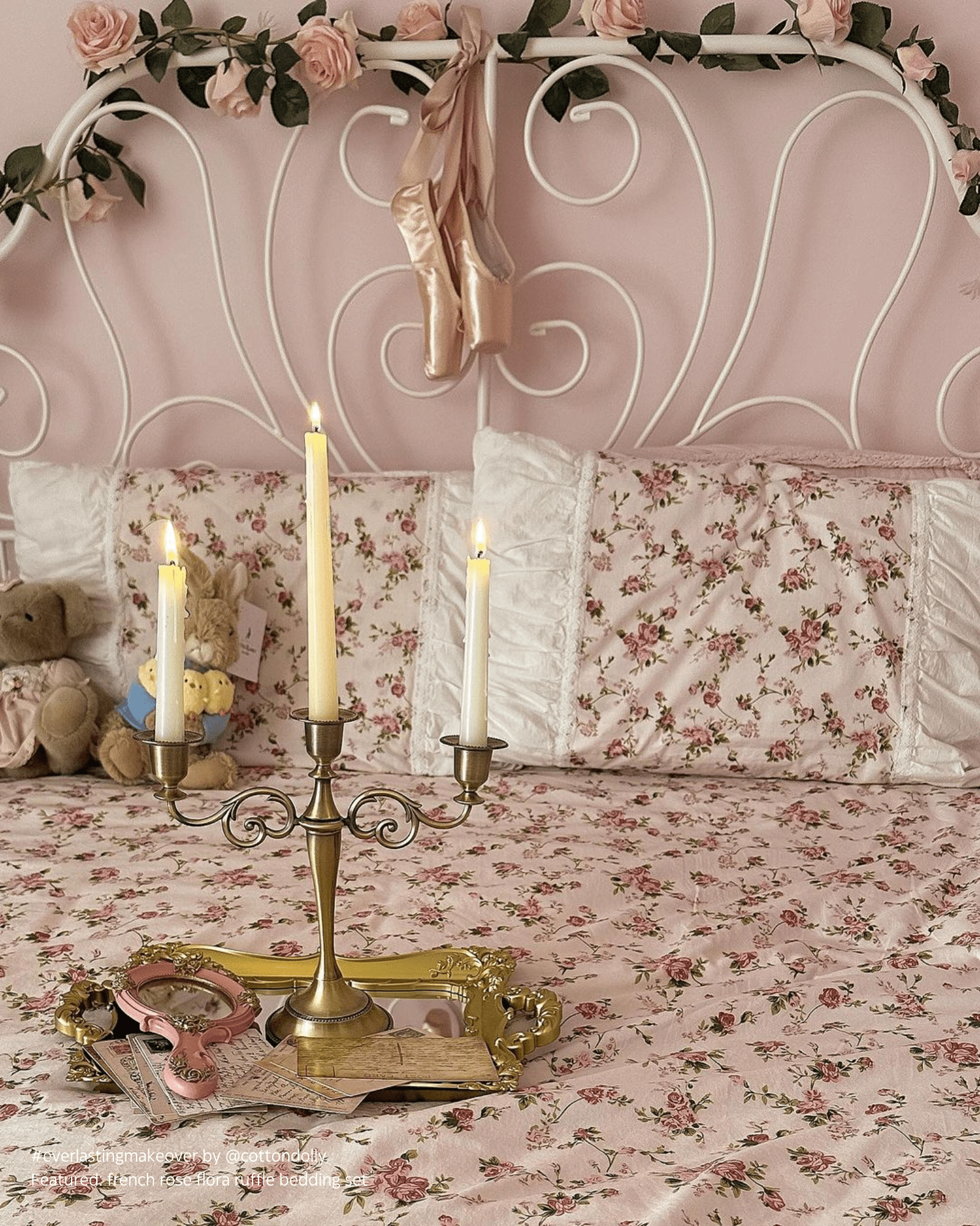 - Ever Lasting - French Rose Floral Ruffle Bedding Set / White - Bedding Set - Ever Lasting