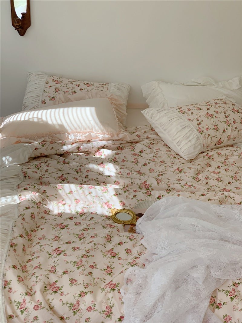 - Ever Lasting - French Rose Floral Ruffle Bedding Set / White - Bedding Set - Ever Lasting