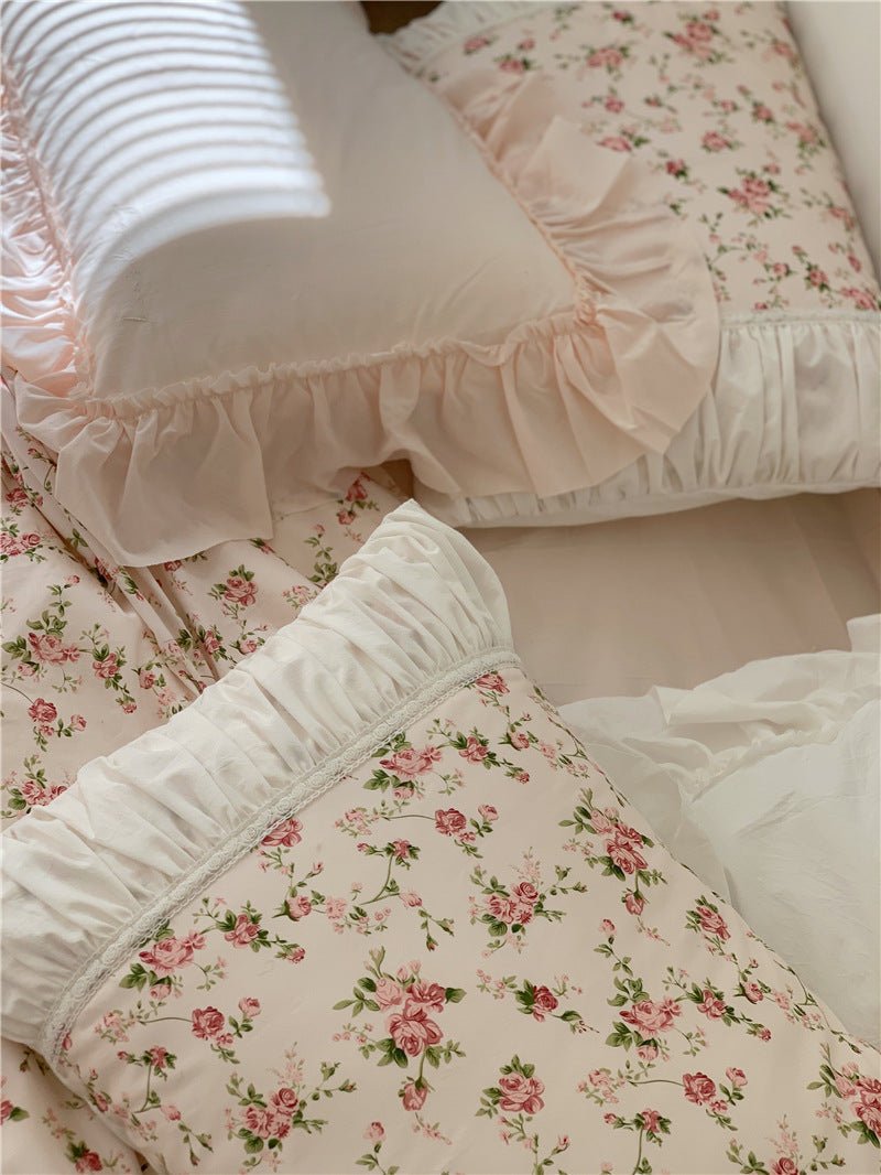 - Ever Lasting - French Rose Floral Ruffle Bedding Set / White - Bedding Set - Ever Lasting