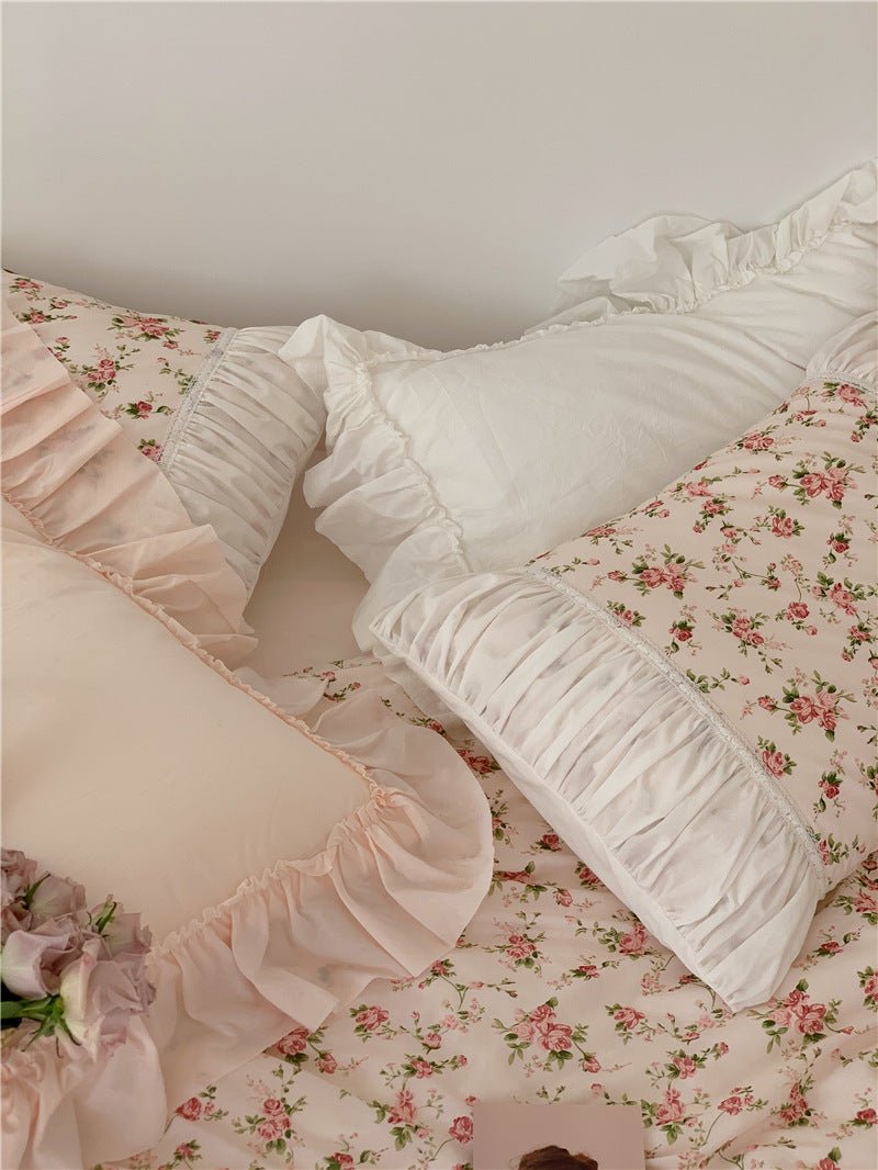 - Ever Lasting - French Rose Floral Ruffle Bedding Set / White - Bedding Set - Ever Lasting