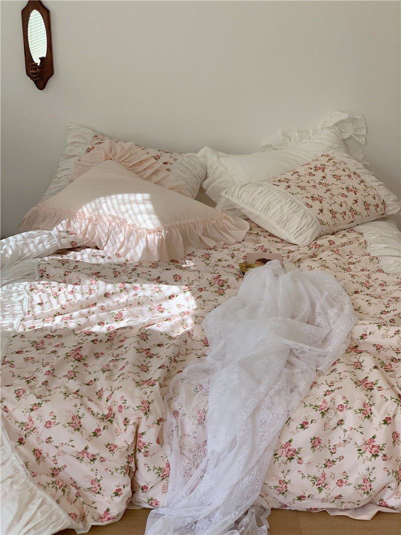 - Ever Lasting - French Rose Floral Ruffle Bedding Set / White - Bedding Set - Ever Lasting