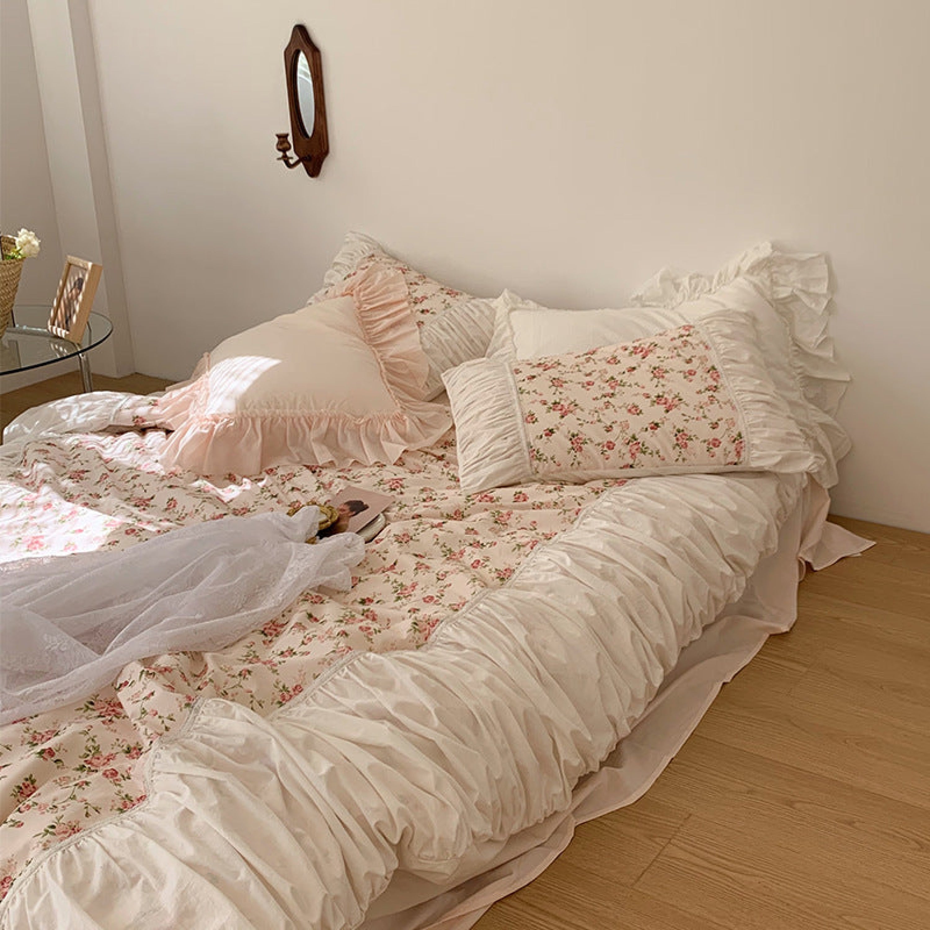 French Rose Floral Ruffle Bedding Set / White, Best Stylish Bedding