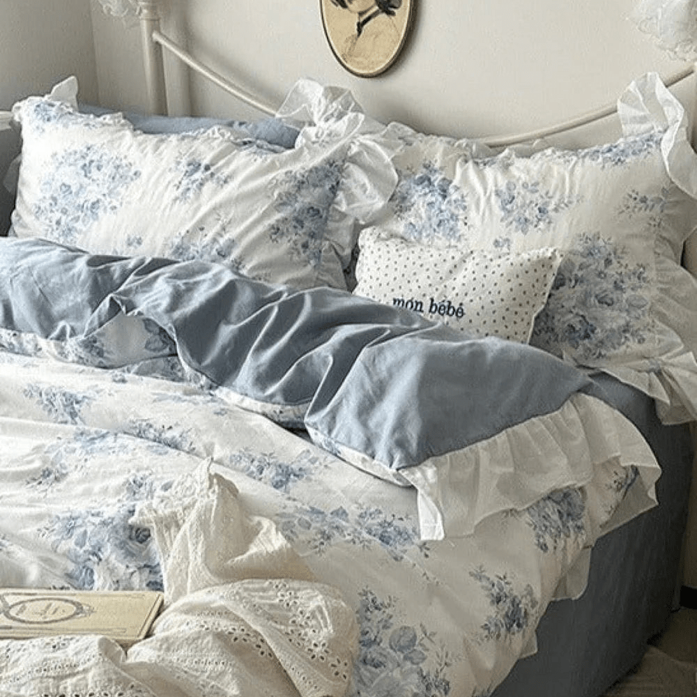 - Ever Lasting - French Ruffle Floral Small Room Bedding Set / Blue - Bedding Set - Ever Lasting