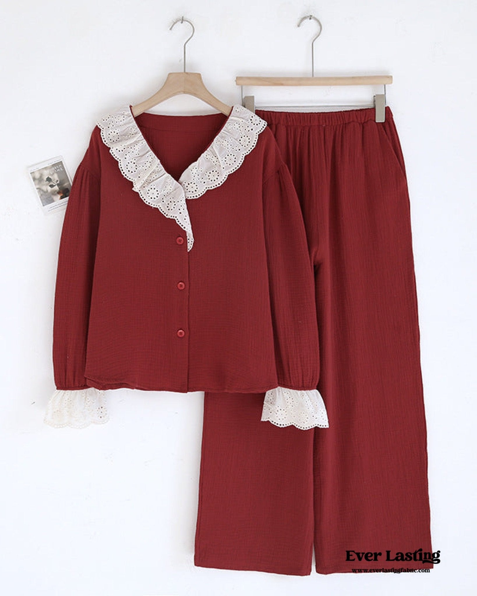 French Ruffled Long Sleeves and Pants Pajama Set / Navy - Ever Lasting