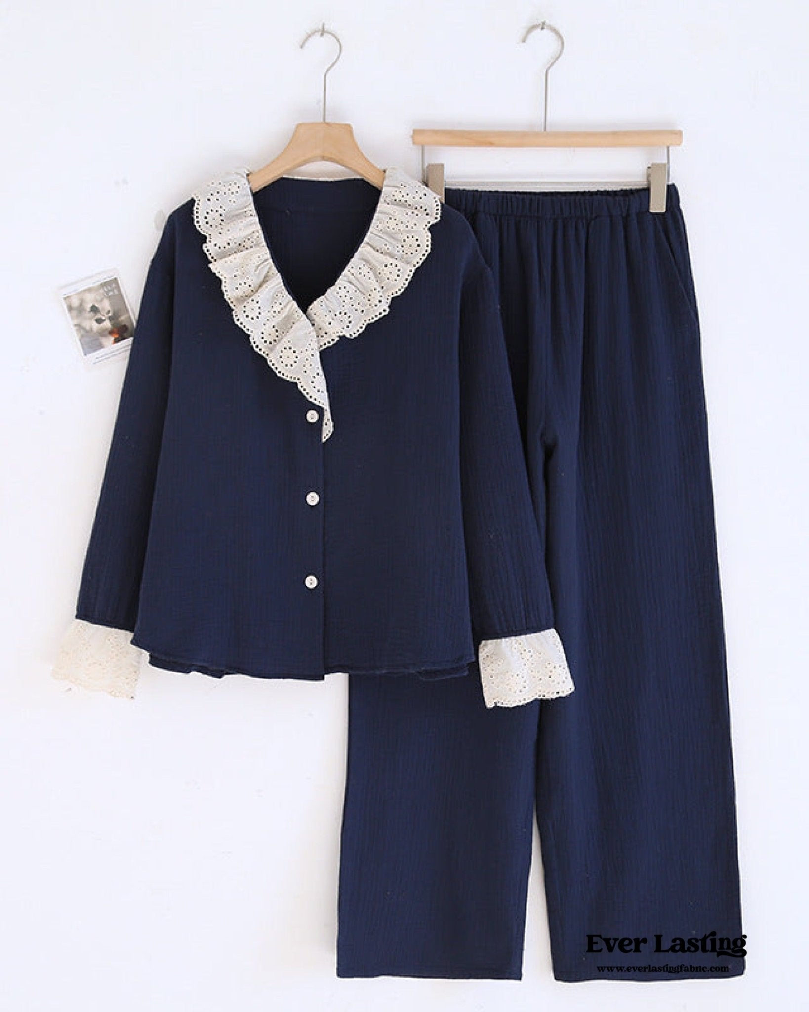 French Ruffled Long Sleeves and Pants Pajama Set / Navy - Ever Lasting