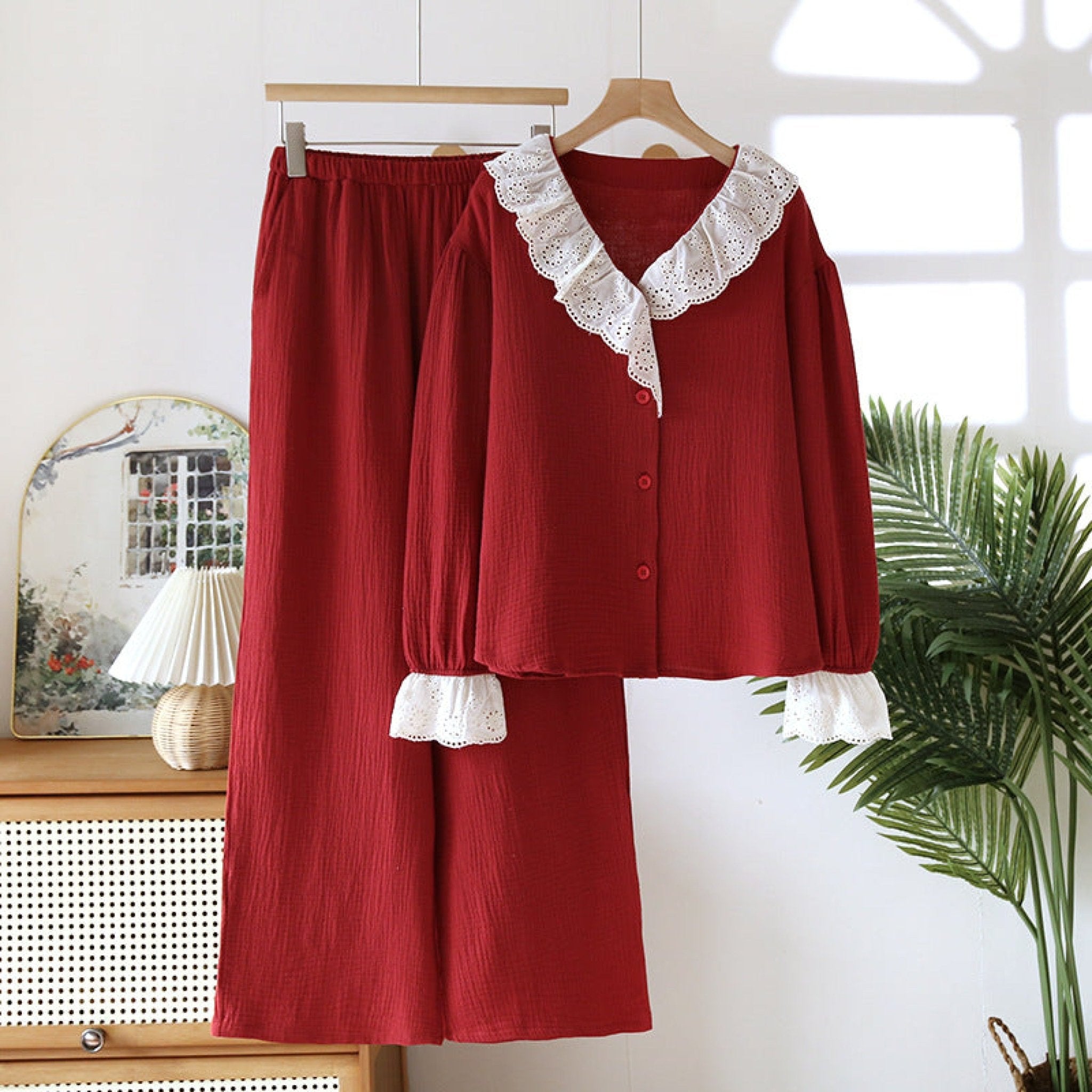 French Ruffled Long Sleeves and Pants Pajama Set / Navy - Ever Lasting