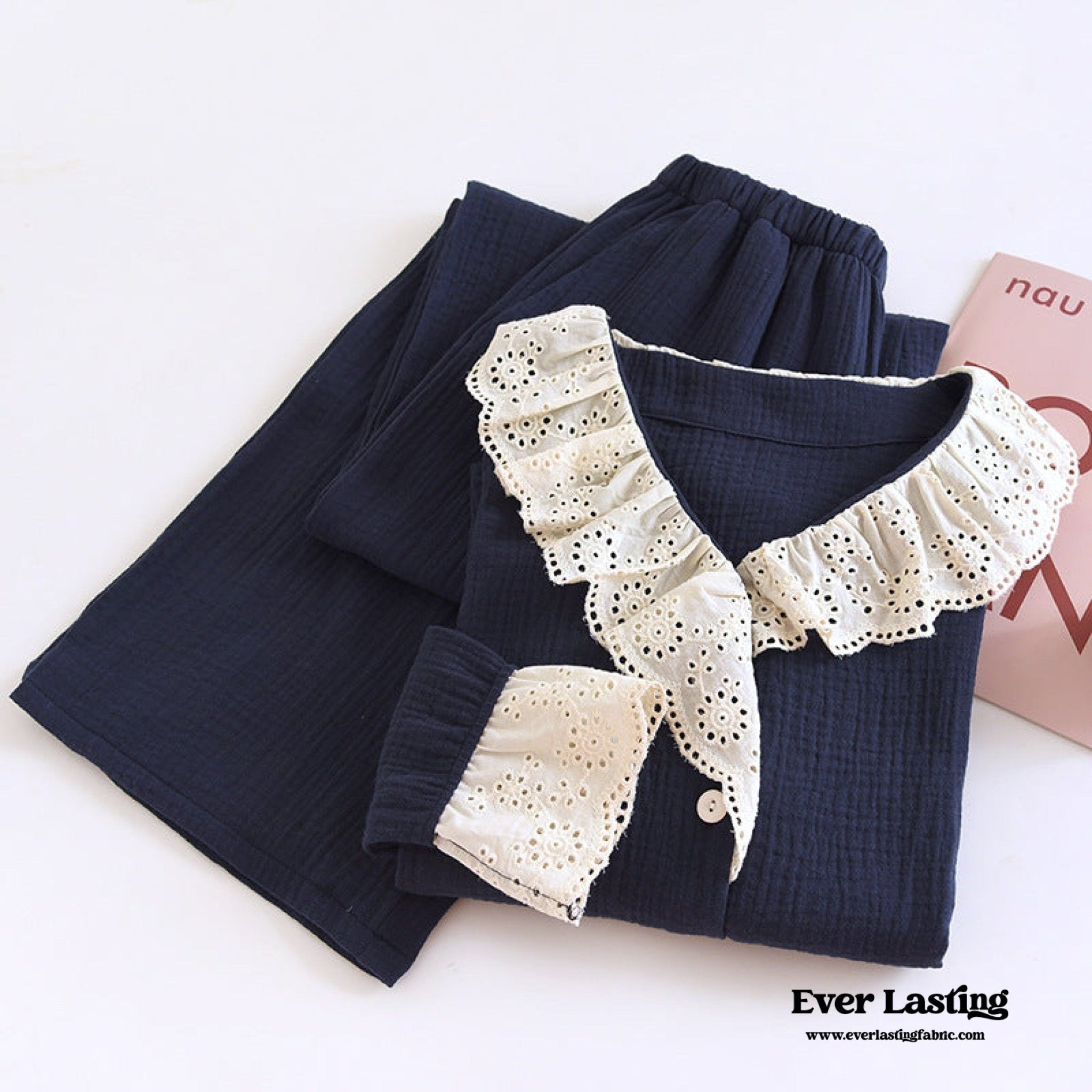 French Ruffled Long Sleeves and Pants Pajama Set / Navy - Ever Lasting
