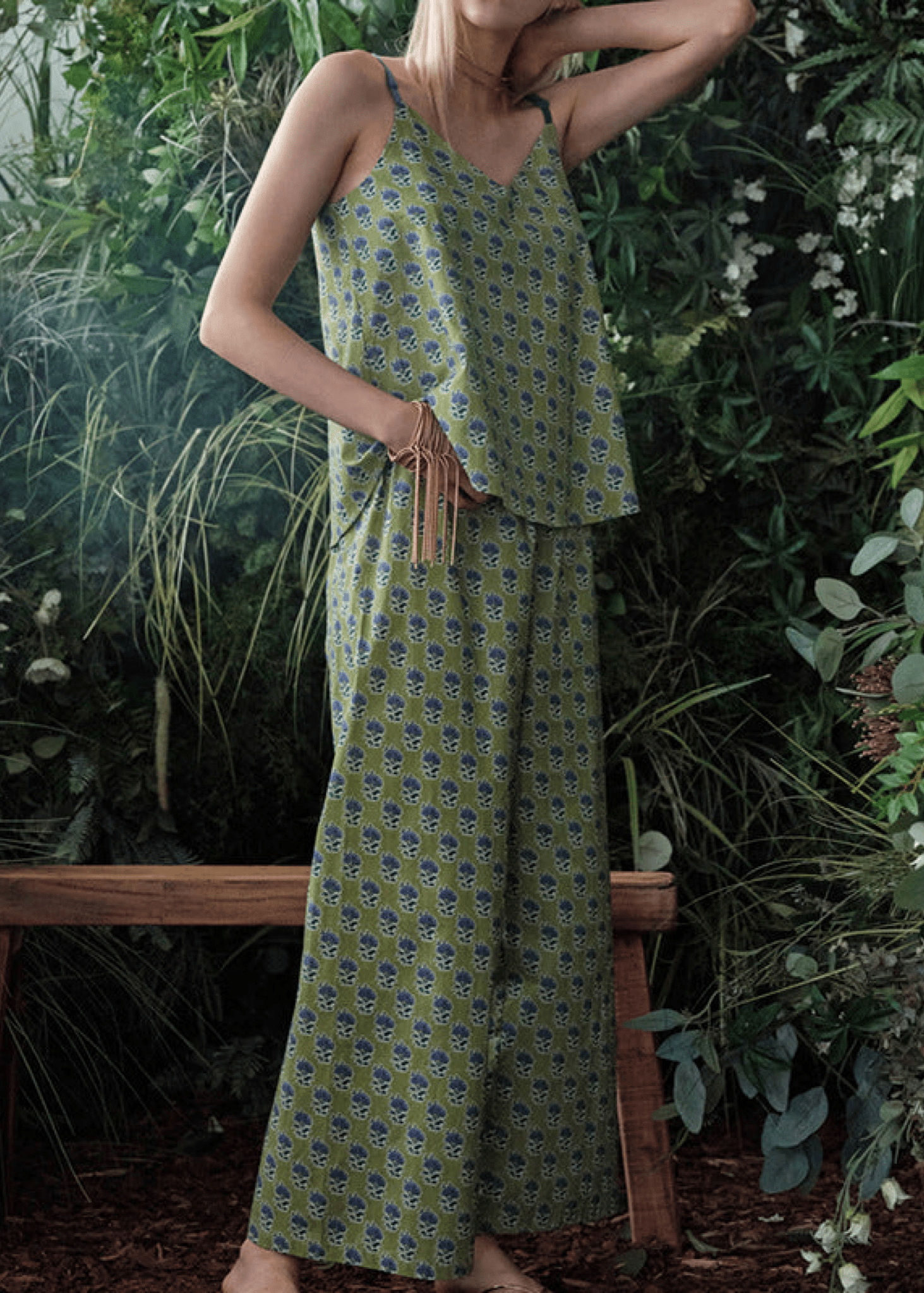 French Vintage Green Floral Silky Tank + Pants Pajama Set - Ever Lasting
