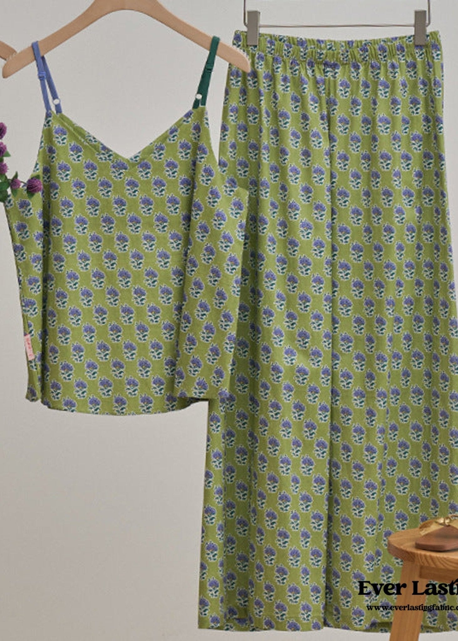 French Vintage Green Floral Silky Tank + Pants Pajama Set - Ever Lasting