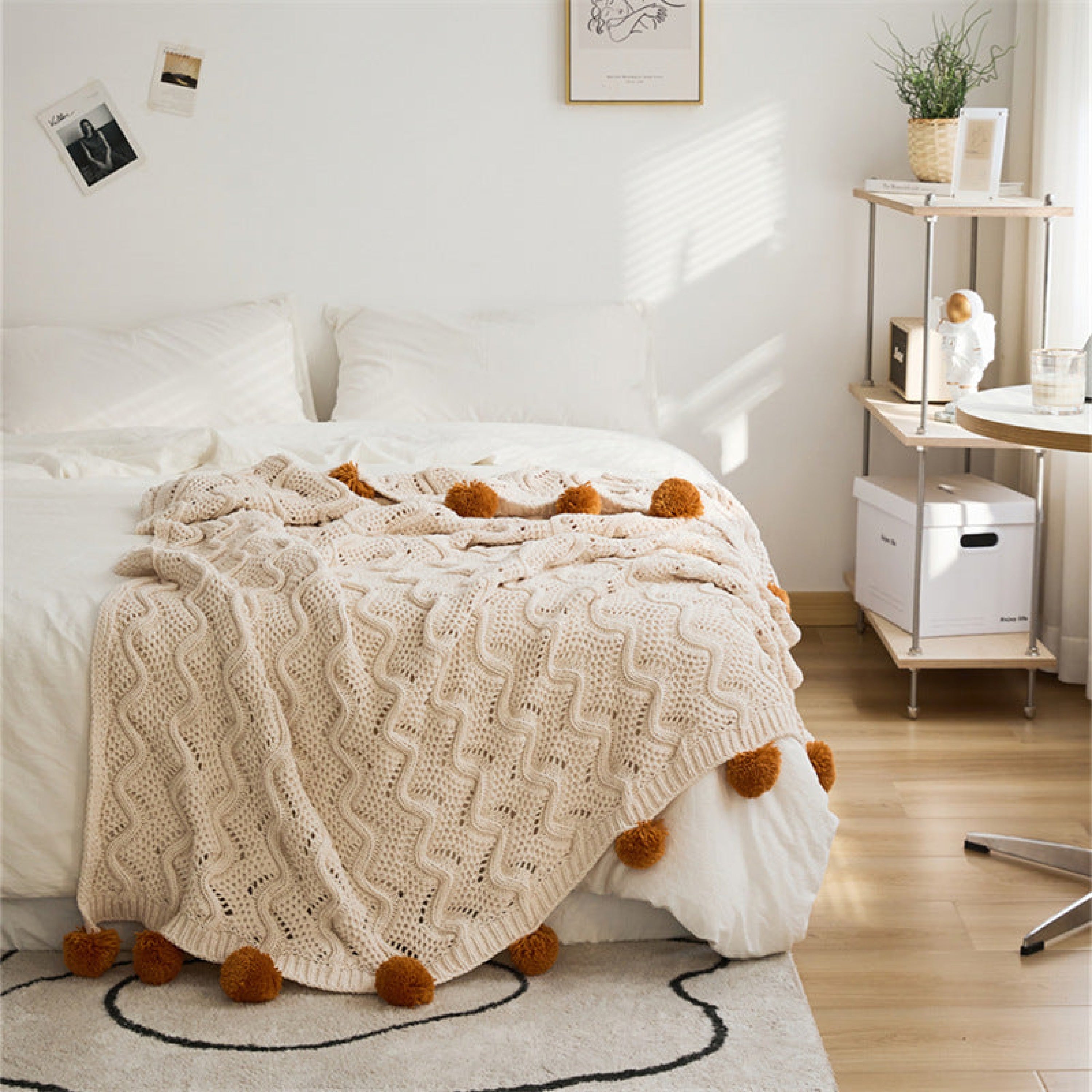 Fuzzy Ball Plush Knit Blanket & Pillow Set / Beige