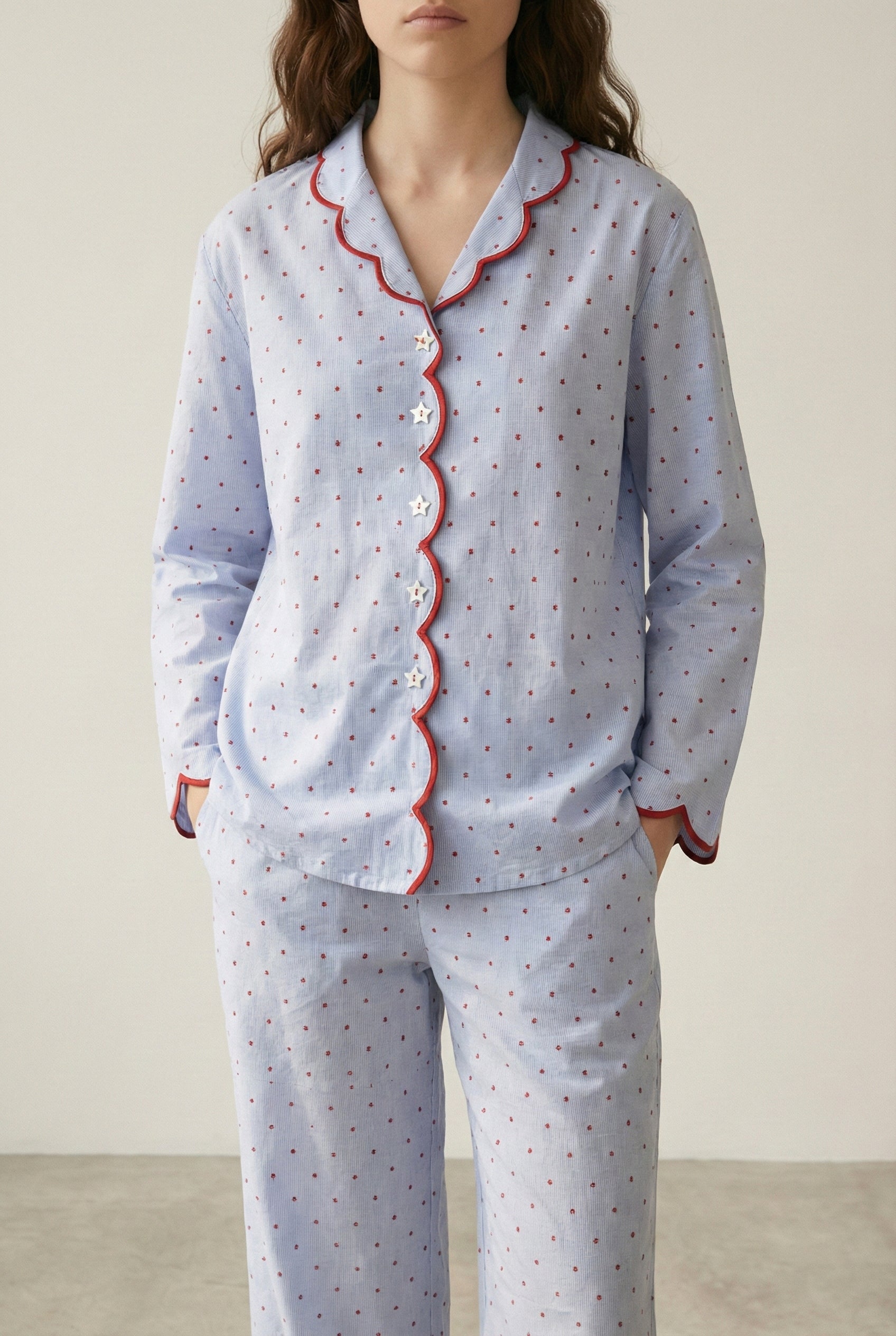 - Ever Lasting - Geneviève Notched Collar Cotton Pajama Set / Light Blue - Pajamas - Ever Lasting