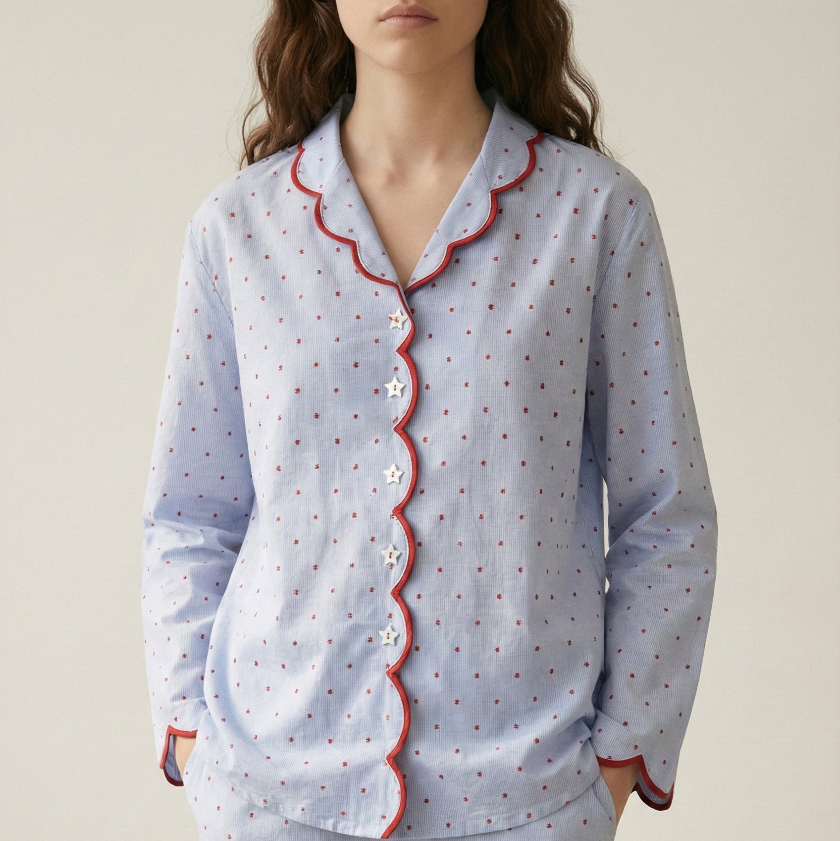 - Ever Lasting - Geneviève Notched Collar Cotton Pajama Set / Light Blue - Pajamas - Ever Lasting