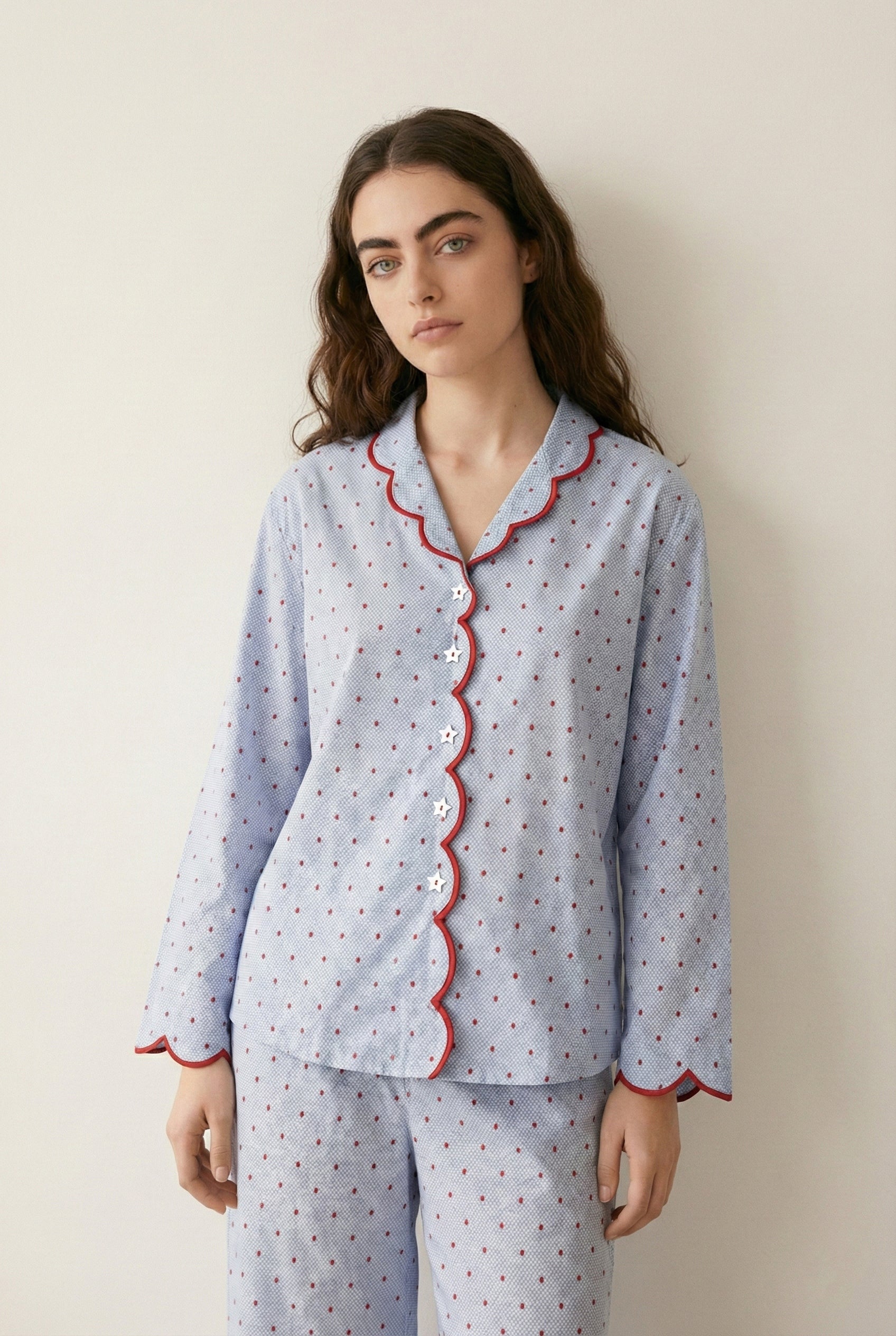 - Ever Lasting - Geneviève Notched Collar Cotton Pajama Set / Light Blue - Pajamas - Ever Lasting