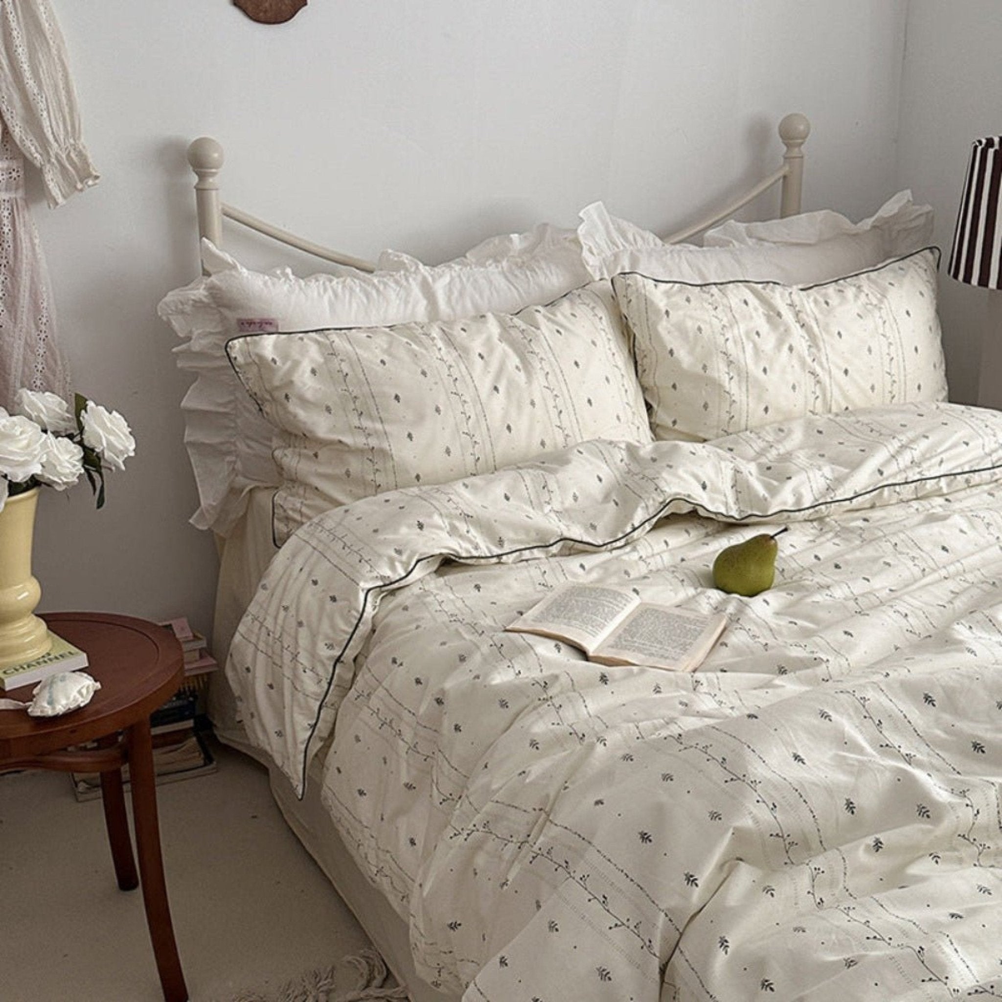 Hannah Vintage Floral Braids Cotton Bedding Set / Beige - Ever Lasting