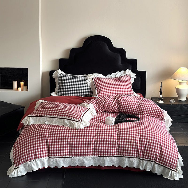 Hazel Vintage Gingham Ruffle Bedding Set / Black - Ever Lasting