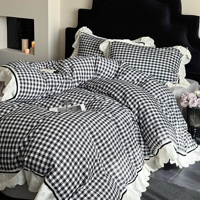 Hazel Vintage Gingham Ruffle Bedding Set / Black - Ever Lasting