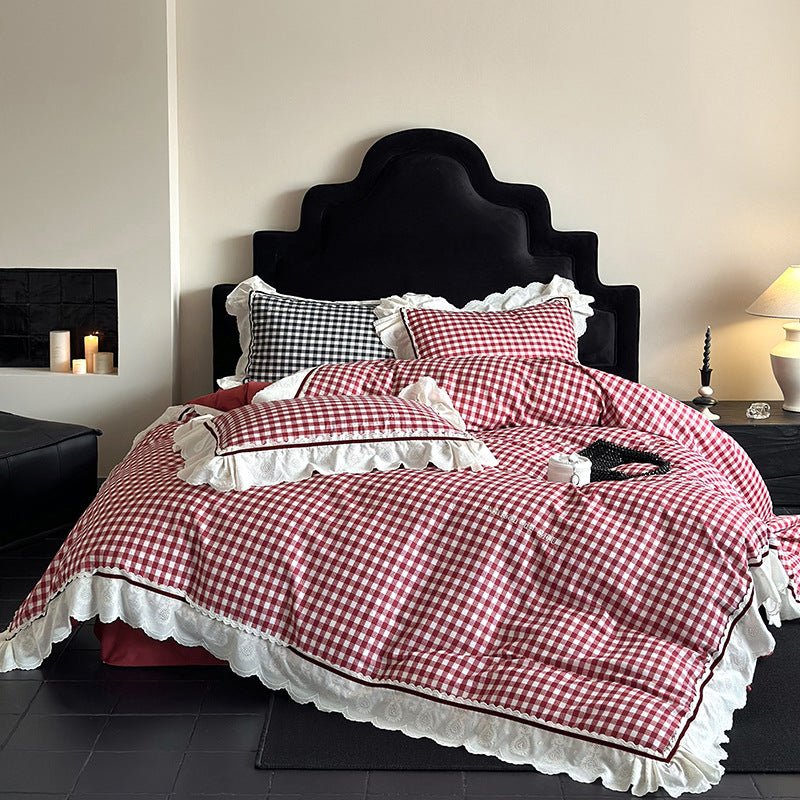 Hazel Vintage Gingham Ruffle Bedding Set / Black - Ever Lasting