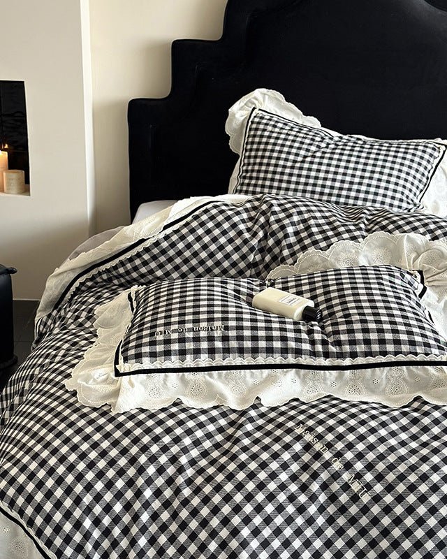 Hazel Vintage Gingham Ruffle Bedding Set / Black - Ever Lasting