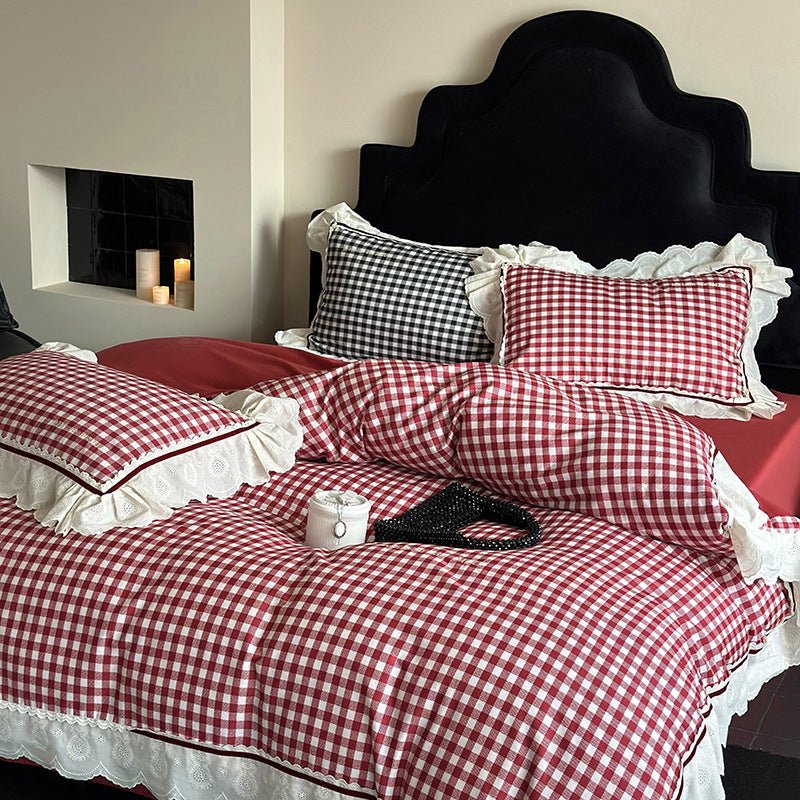 Hazel Vintage Gingham Ruffle Bedding Set / Black - Ever Lasting