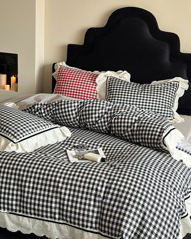 Hazel Vintage Gingham Ruffle Bedding Set / Black - Ever Lasting