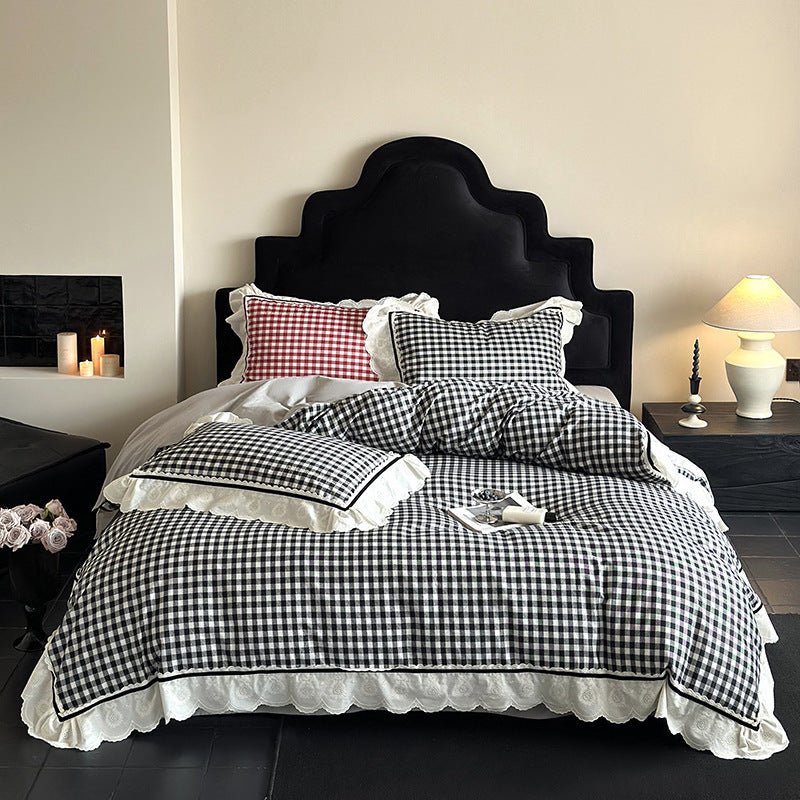 Hazel Vintage Gingham Ruffle Bedding Set / Black - Ever Lasting