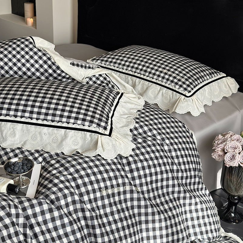 Hazel Vintage Gingham Ruffle Bedding Set / Black - Ever Lasting