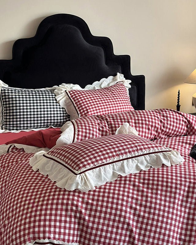 Hazel Vintage Gingham Ruffle Bedding Set / Black - Ever Lasting