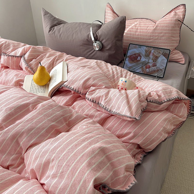 -Ever Lasting - Hudson Striped Cotton Bedding Set / Pink + Brown -Bedding Set -Ever Lasting