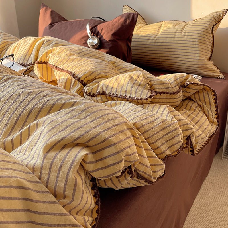 -Ever Lasting - Hudson Striped Cotton Bedding Set / Pink + Brown -Bedding Set -Ever Lasting