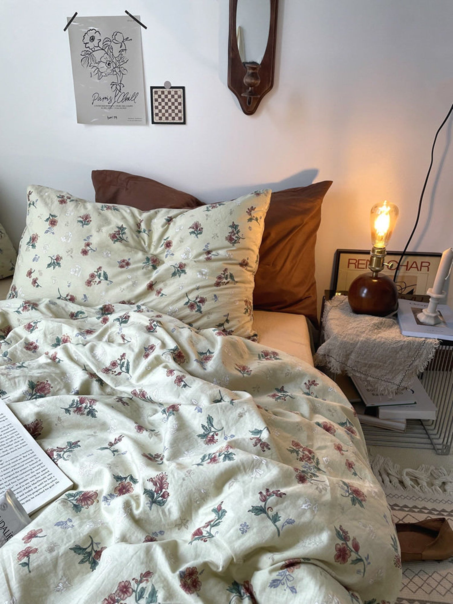 Vintage Inspired Floral Duvet Cover / Brown + Beige