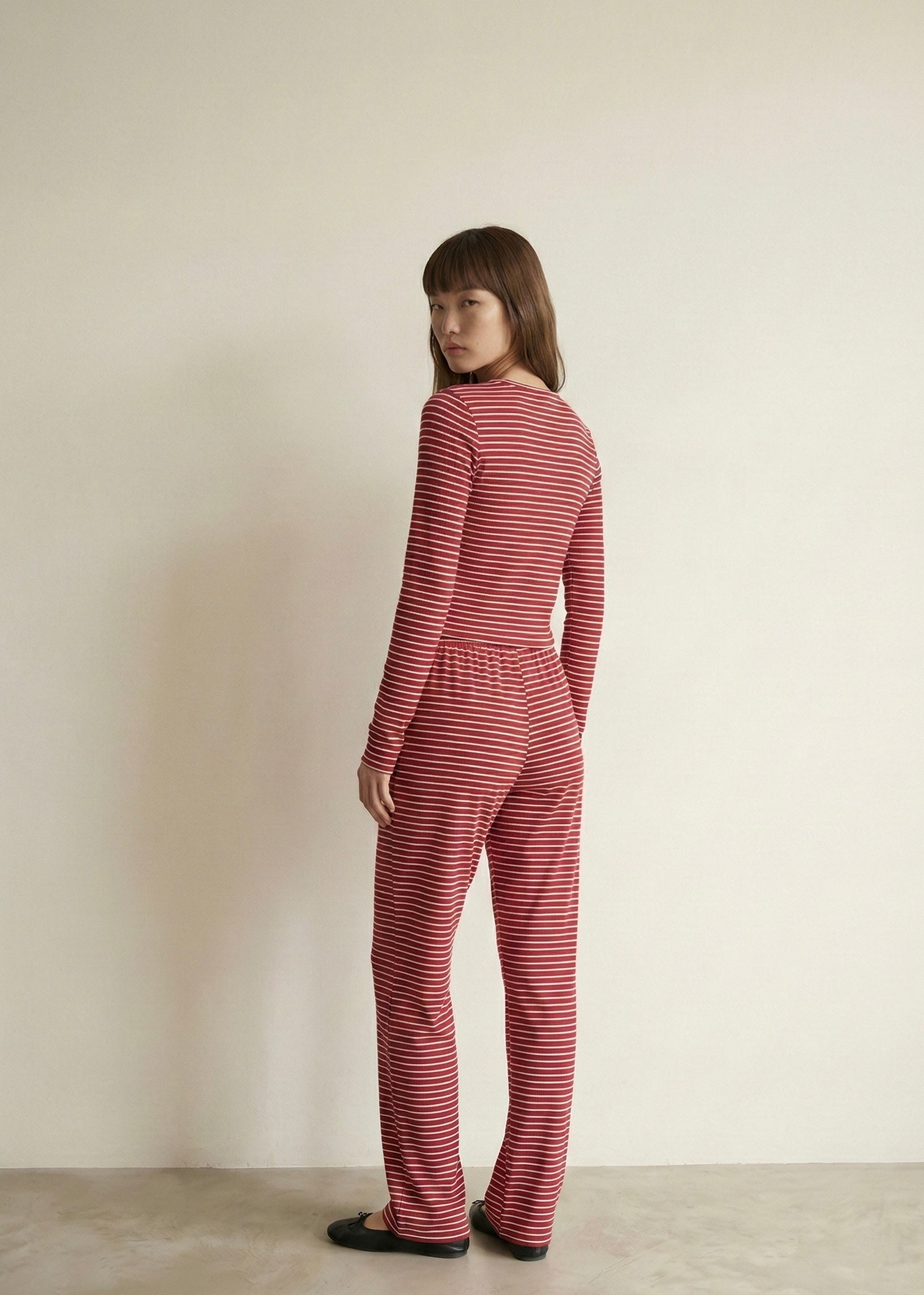 - Ever Lasting - Imogen Long - Sleeve Striped Pajama Set / Red - Pajamas - Ever Lasting