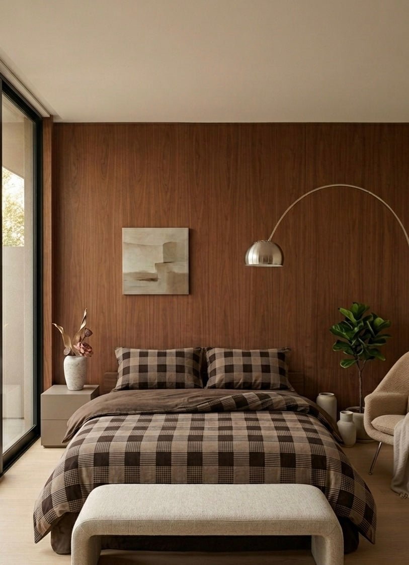 - Ever Lasting - Isabella Gingham Jacquard Bedding Set / Brown - Bedding Set - Ever Lasting
