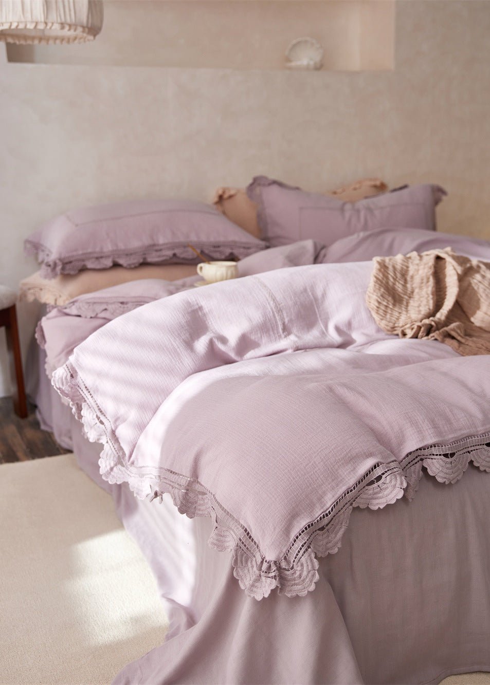 Isadora Lace Ruffle Double Gauze Bedding Set / Purple - Ever Lasting