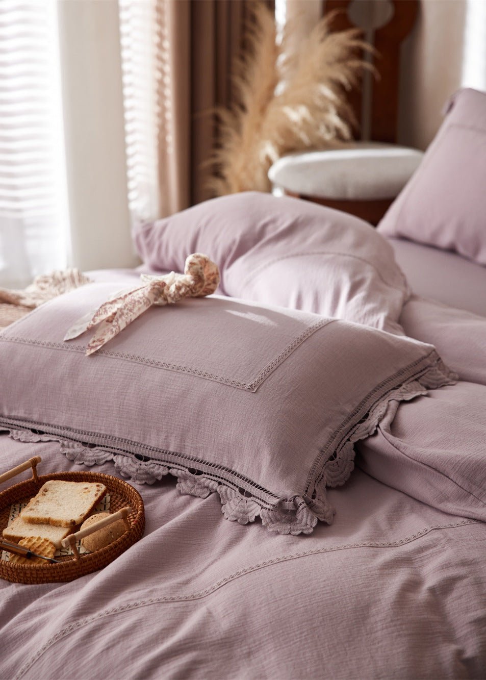 Isadora Lace Ruffle Double Gauze Bedding Set / Purple - Ever Lasting