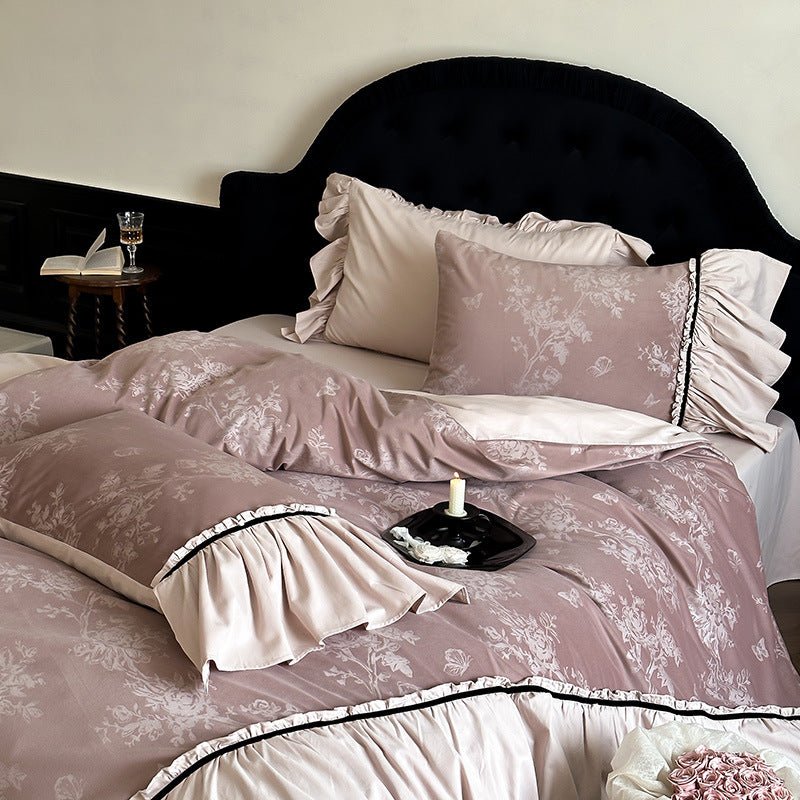 Jacquard Gilded Velvet Ruffled Bedding Set / Pink - Ever Lasting