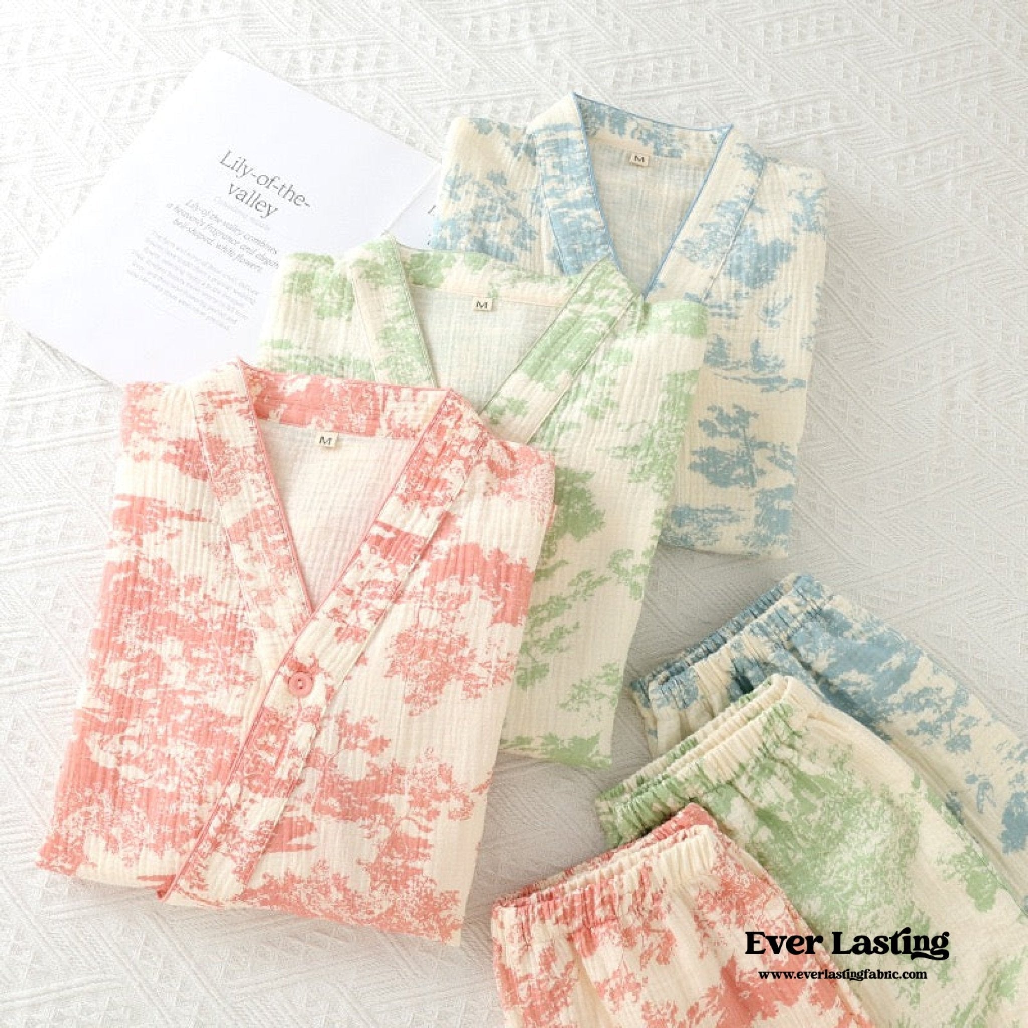 Japanese Kimono Tie Double Gauze Pajama Set / Blue - Ever Lasting