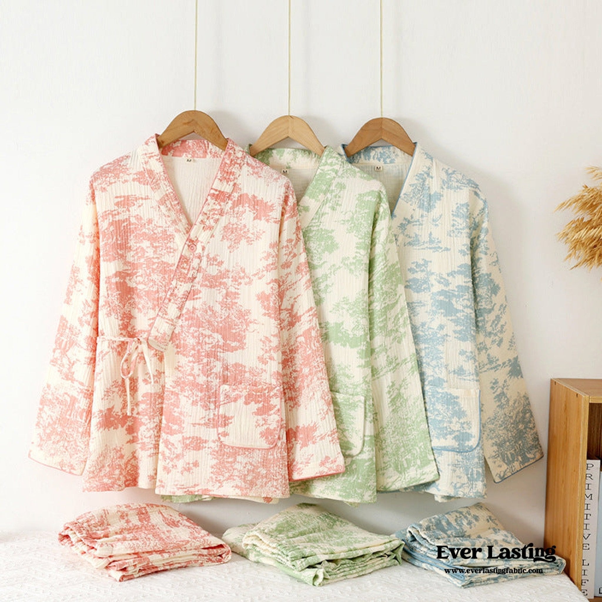 Japanese Kimono Tie Double Gauze Pajama Set / Blue - Ever Lasting