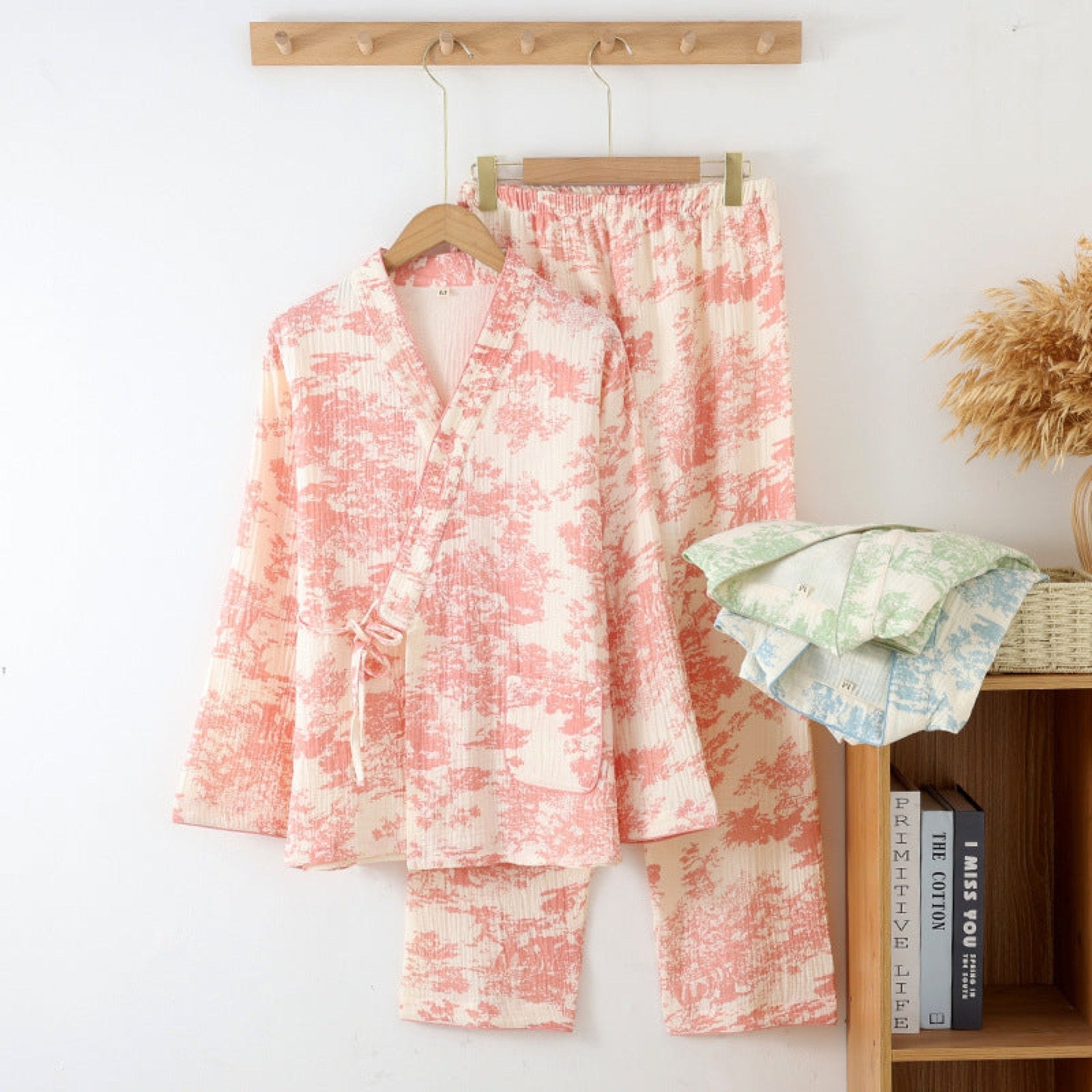 Japanese Kimono Tie Double Gauze Pajama Set / Pink - Ever Lasting