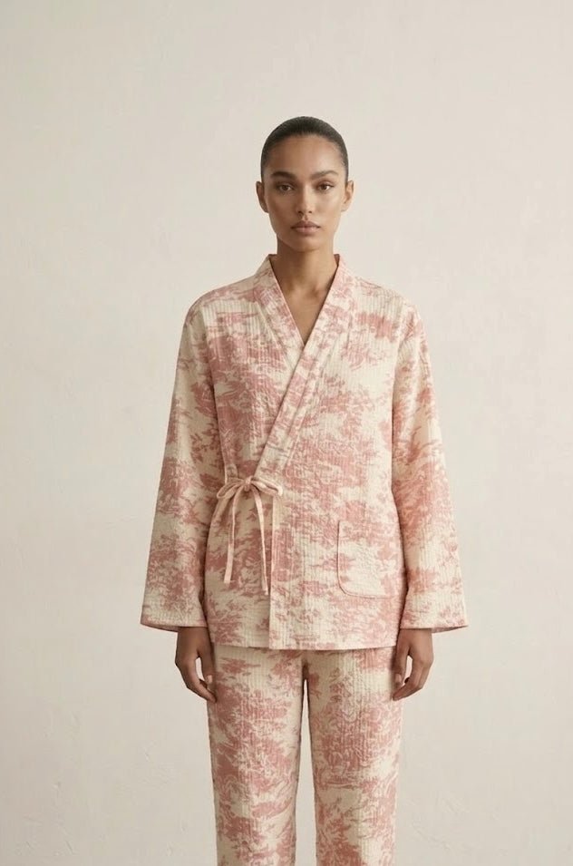 - Ever Lasting - Japanese Kimono Tie Double Gauze Pajama Set / Pink - Pajamas - Ever Lasting
