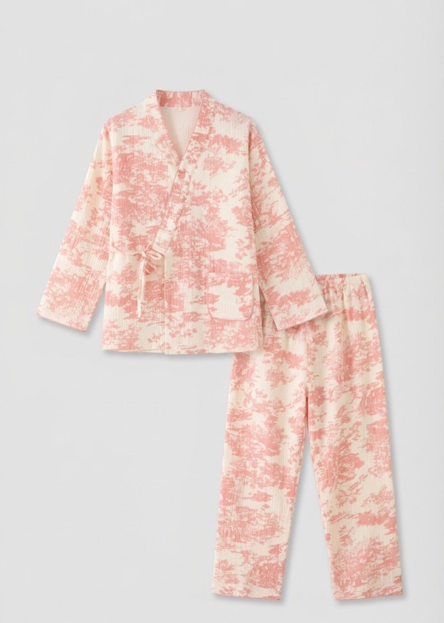 - Ever Lasting - Japanese Kimono Tie Double Gauze Pajama Set / Pink - Pajamas - Ever Lasting