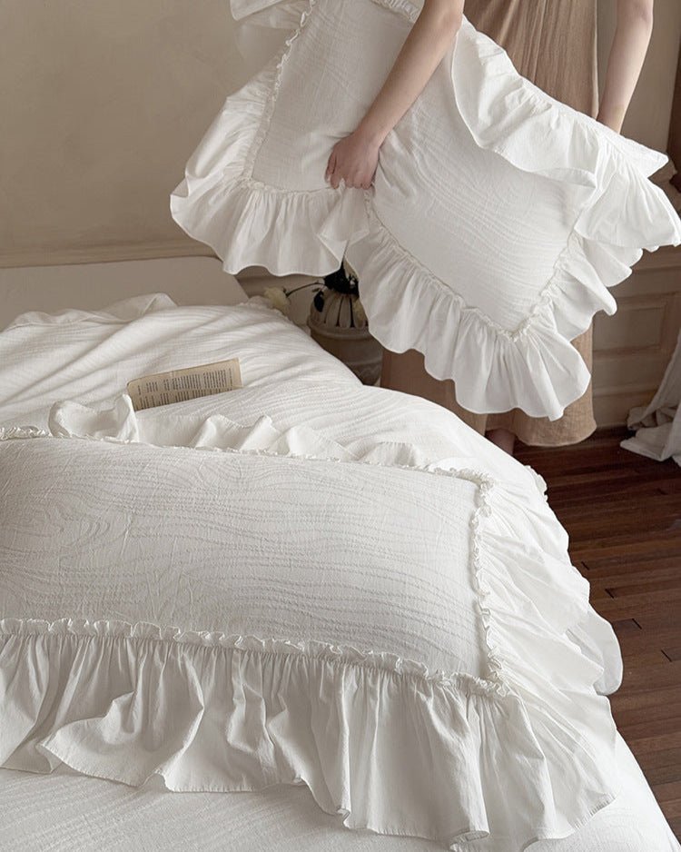 Jasmine White Ruffled Jacquard Bedding Bundle - Ever Lasting