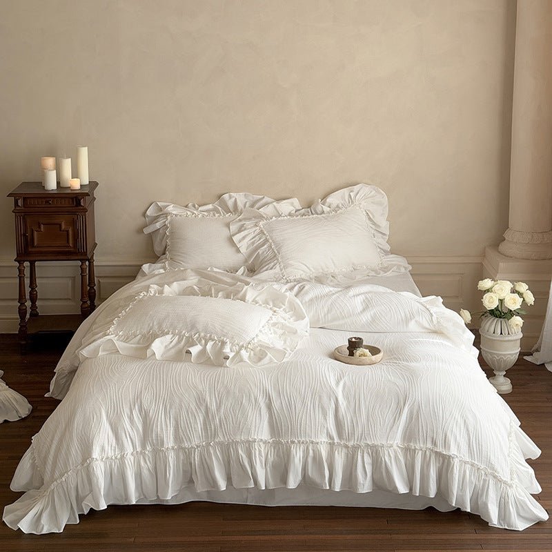 Jasmine White Ruffled Jacquard Bedding Bundle - Ever Lasting