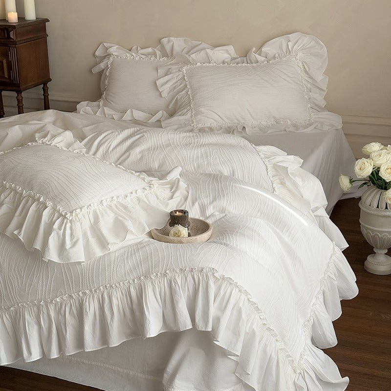 Jasmine White Ruffled Jacquard Bedding Bundle - Ever Lasting
