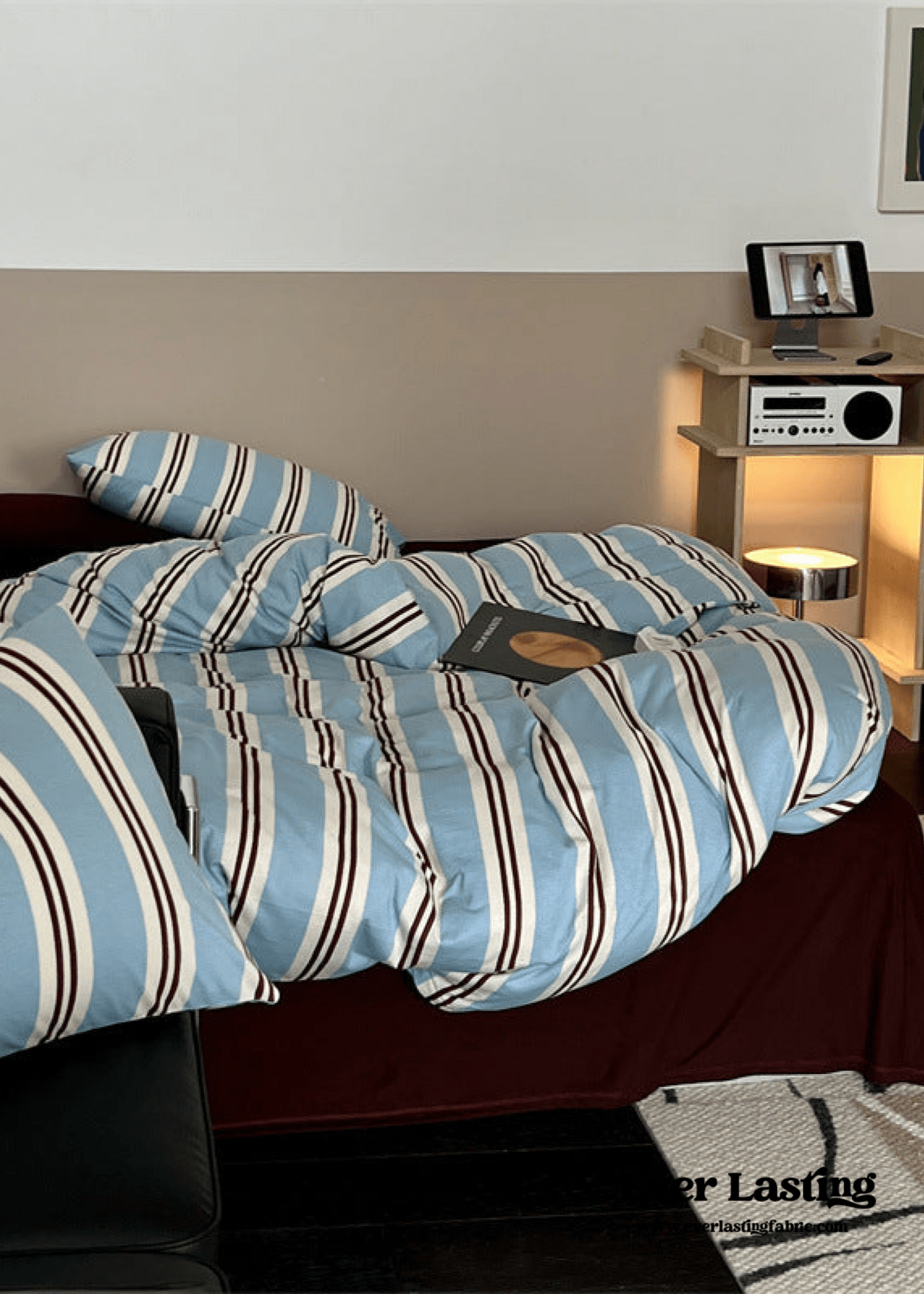 Jersey Knit Retro Stripe Bedding Set / Blue + Burgundy - Ever Lasting